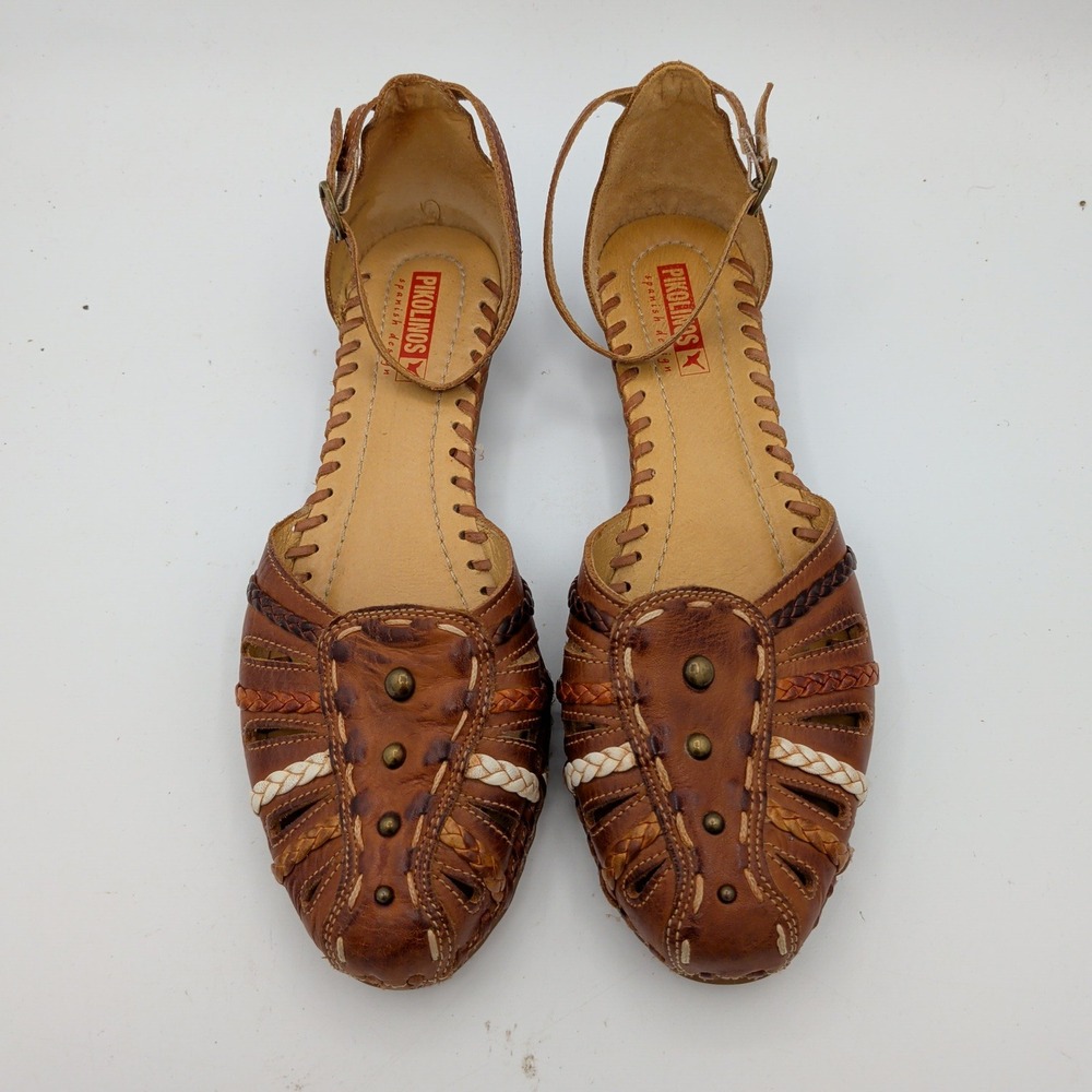 Pikolinos Mahon Brown Leather Huarache Wedge Sandal Women 40 Braided Ankle Strap - Picture 4 of 8